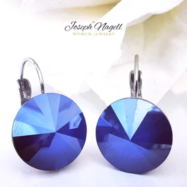 Kapcsos fülbevaló 14mm metálkék  Swarovski kristállyal díszített