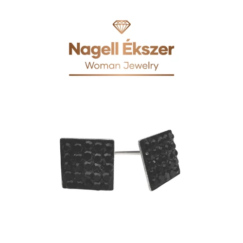 Négyzet fülbevaló 8x8 mm fekete rózsakristályokkal kirakva