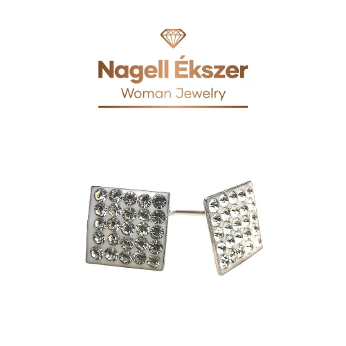 Négyzet fülbevaló 8x8 mm fehér rózsakristályokkal kirakva