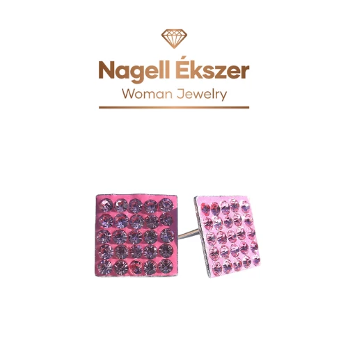 Négyzet fülbevaló 8x8 mm rózsaszín rózsakristályokkal kirakva