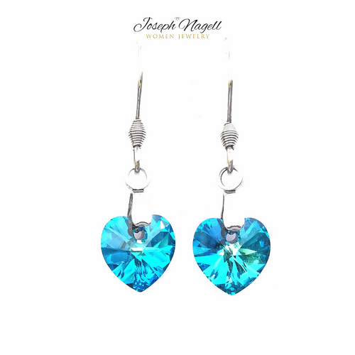 Szív fülbevaló csüngős 10mm tengerkék Swarovski kristállyal