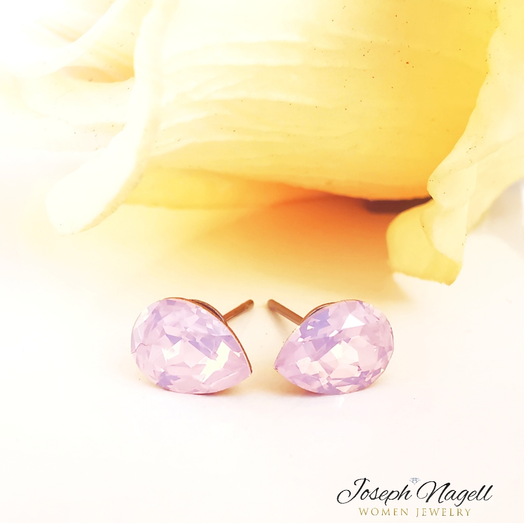 Csepp fülbevaló 8mm opál rózsaszín Swarovski kristállyal