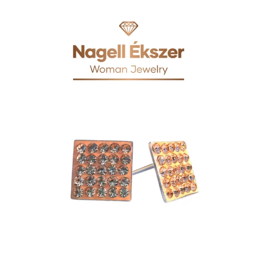 Négyzet fülbevaló 8x8 mm barack rózsakristályokkal kirakva