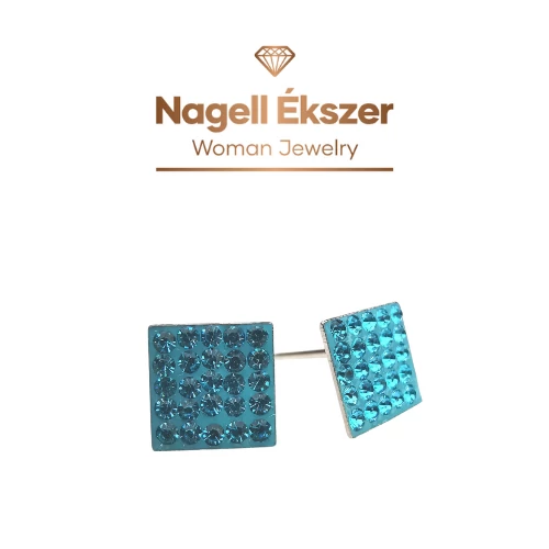 Négyzet fülbevaló 8x8 mm türkizkék rózsakristályokkal kirakva