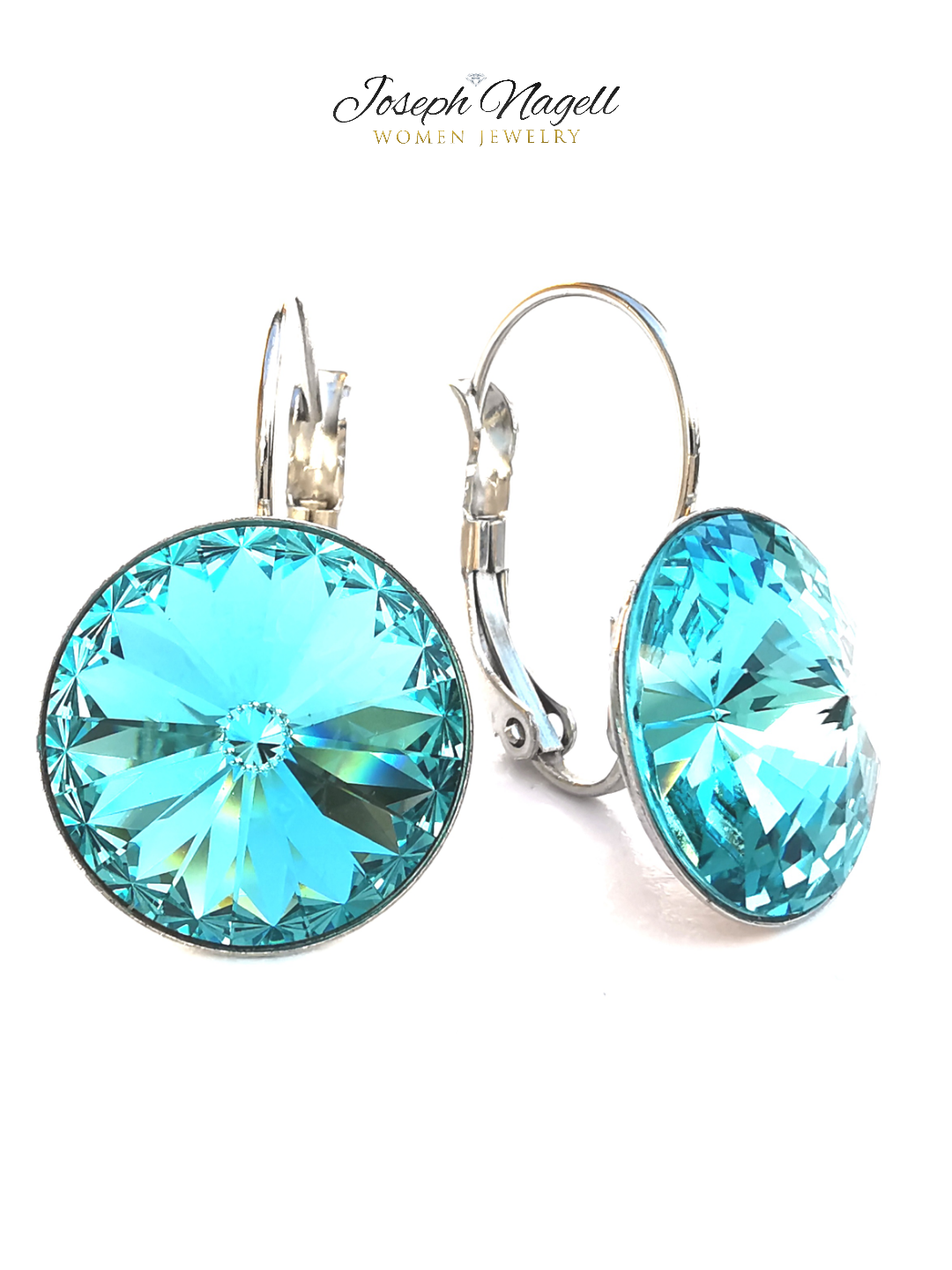 Kapcsos fülbevaló 14 mm  türkizkék Swarovski kristállyal