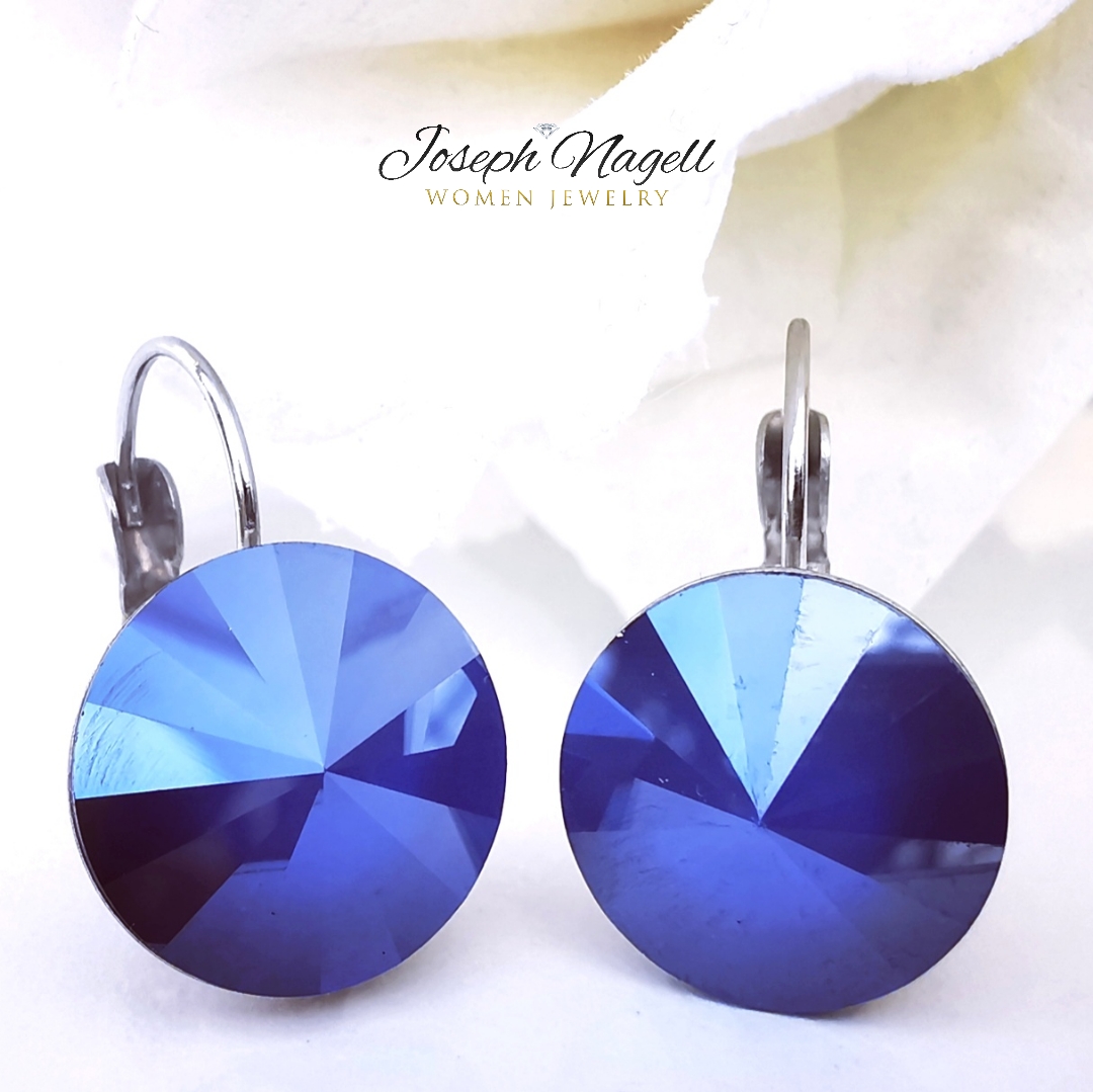 Kapcsos fülbevaló 14mm metálkék Swarovski kristállyal