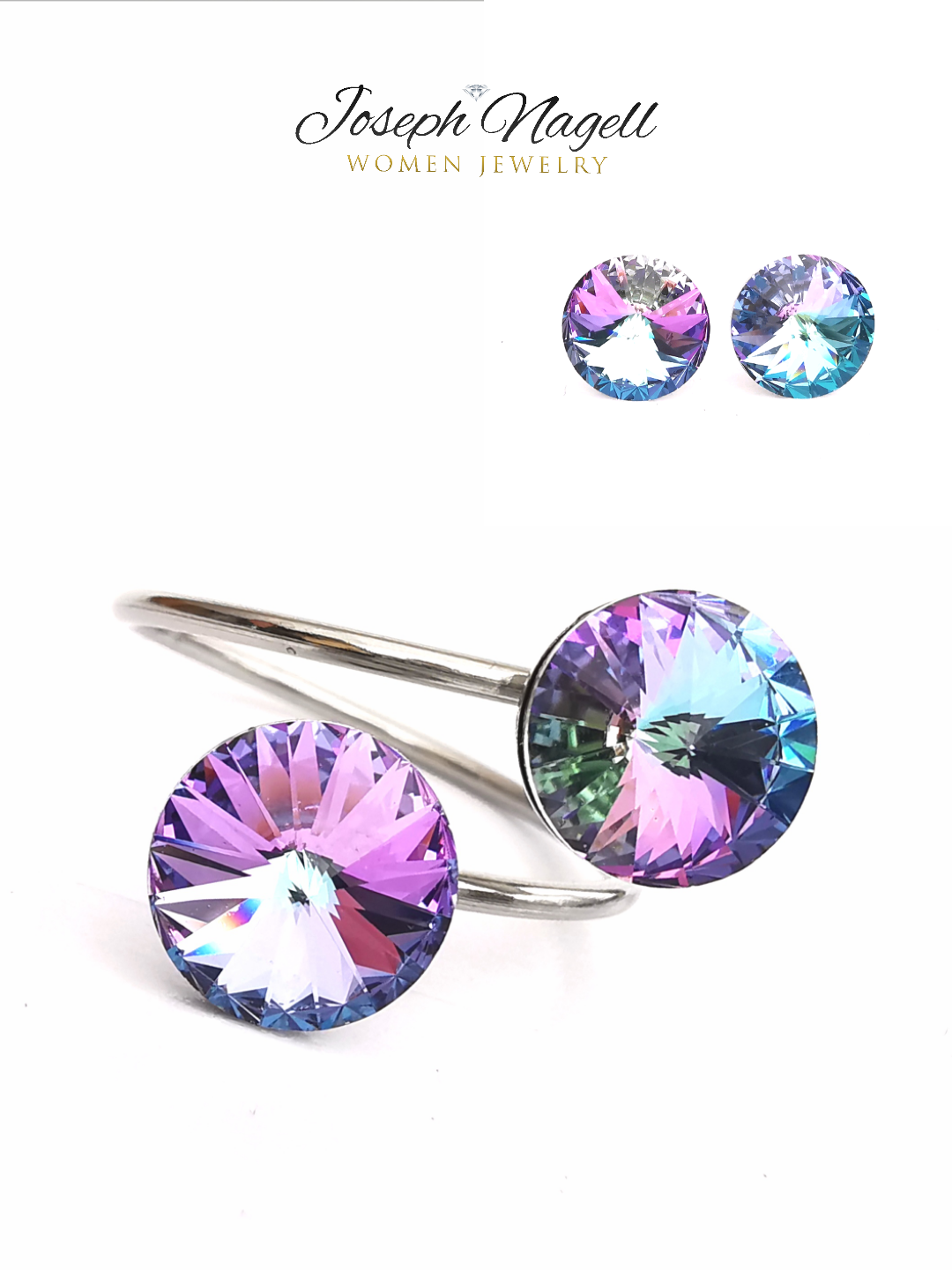 Gyűrű szett rivoli 8mm lilaszínjátszó Swarovski kristállyal