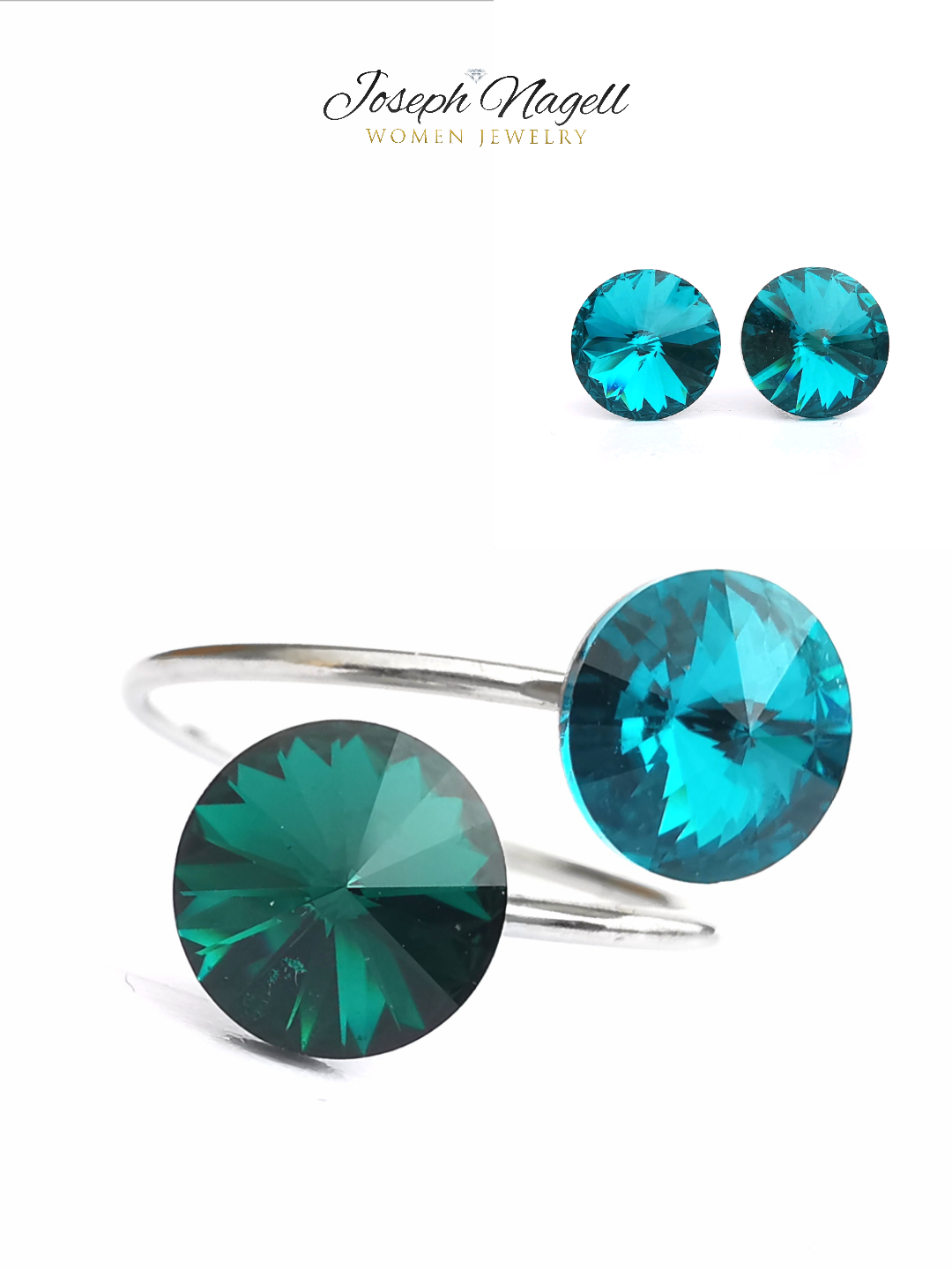 Gyűrű szett rivoli 8mm smaragdzöld-türkizzöld Swarovski kristállyal
